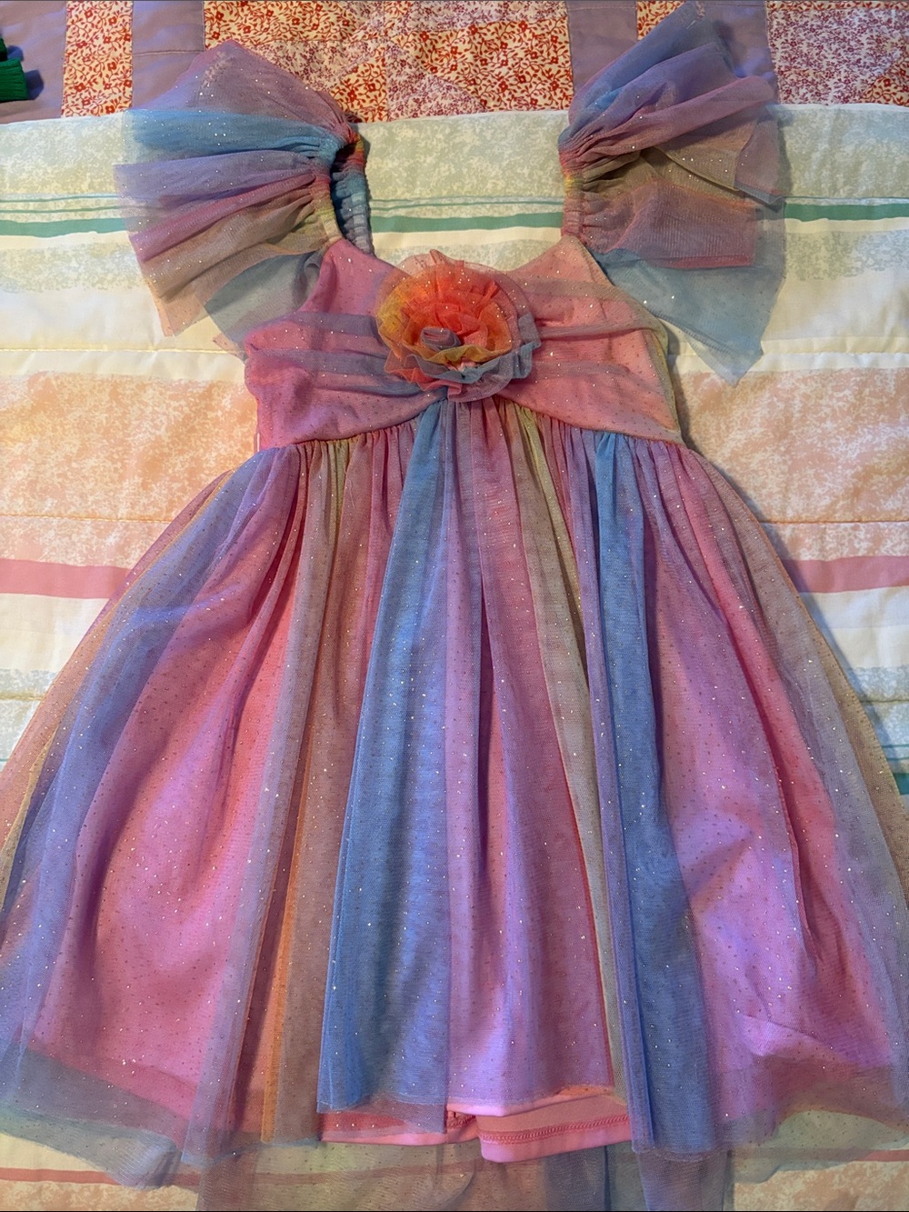 Bonnie Jean Pastel Rainbow Tulle Dress with Floral Rosette